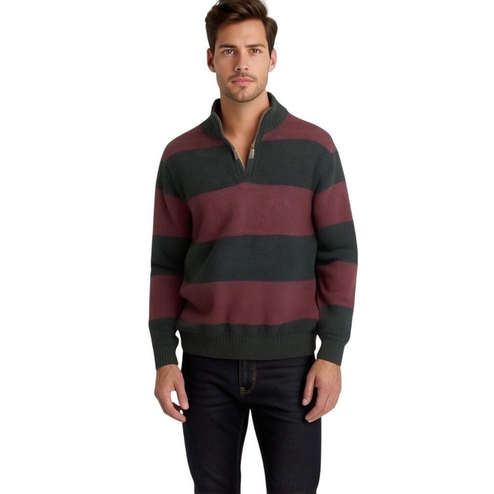 Preppy Ribbed 1/4 Zip Pullover Sweater Red Black Stripe Large Dad Knit Nautica